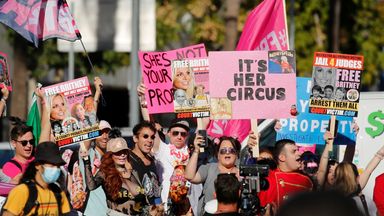 Supporters of singer Britney Spears celebrate the termination of her conservatorship, outside the Stanley Mosk Courthouse in Los Angeles, California, U.S. November 12, 2021. REUTERS/Mike Blake